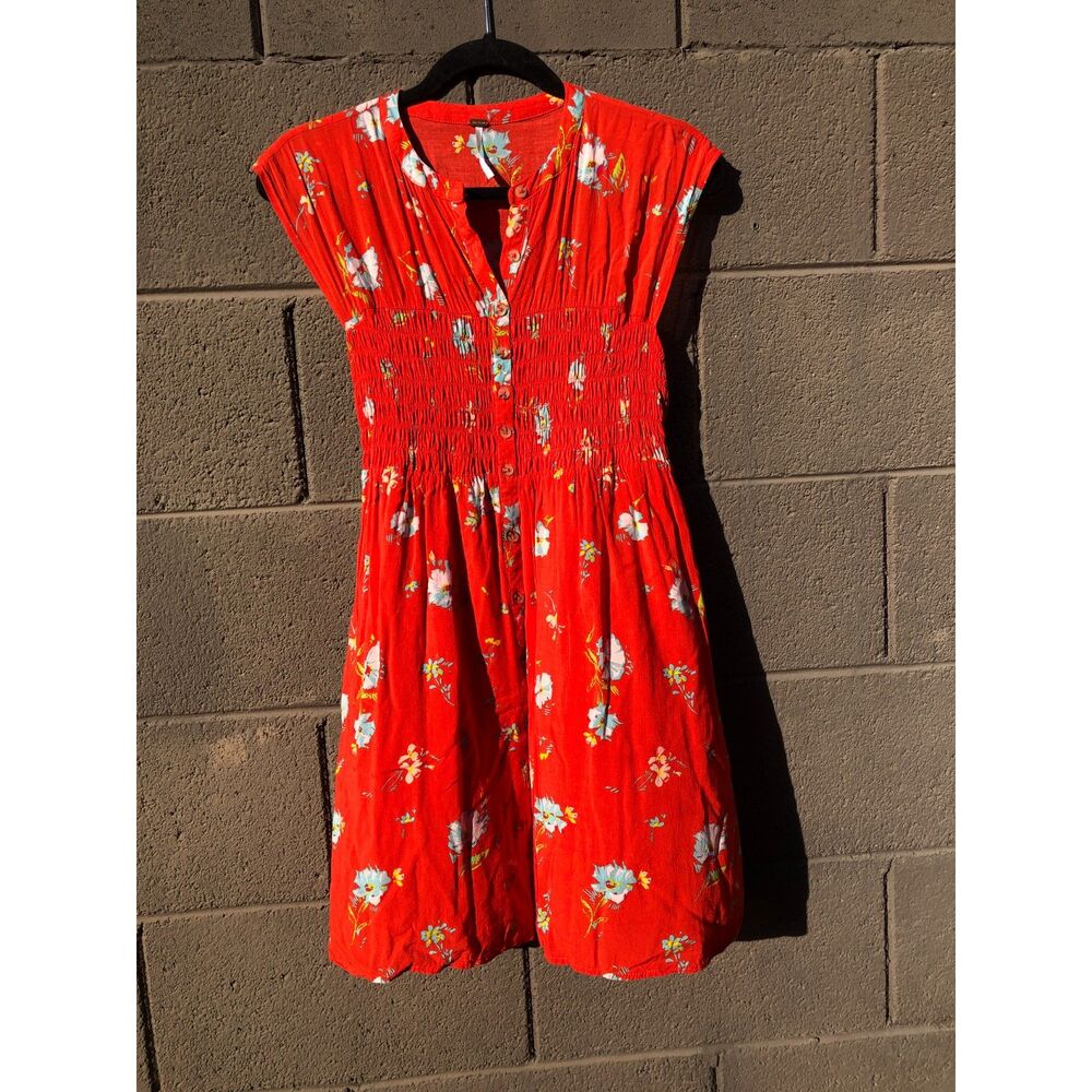 Free People Greatest Day Smocked Mini Dress S Red Floral Button Front Boho
